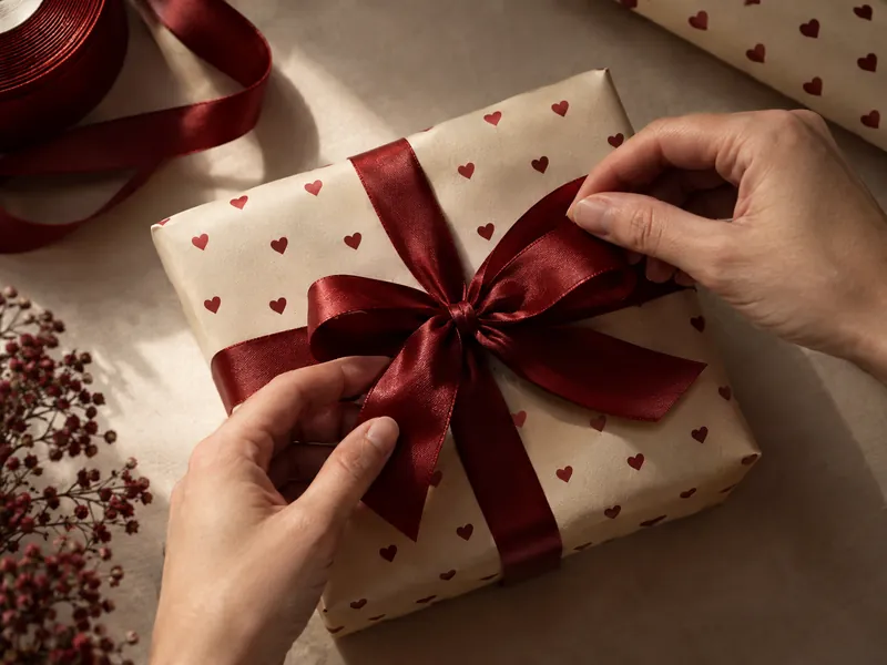 Tying a cherry satin bow on a gift